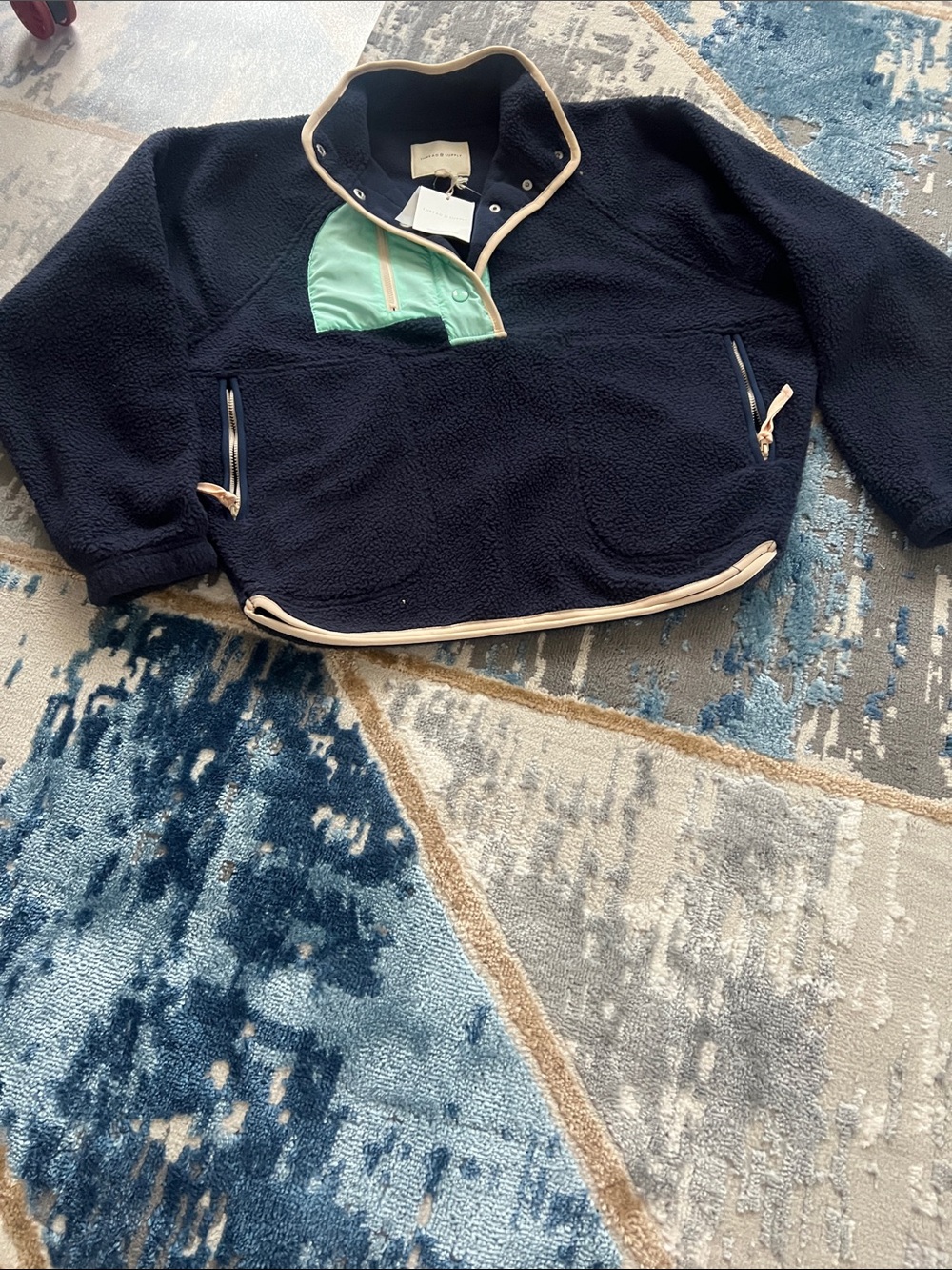 Thread & Supply Navy Fleece Pullover with Mint and Cream Trim